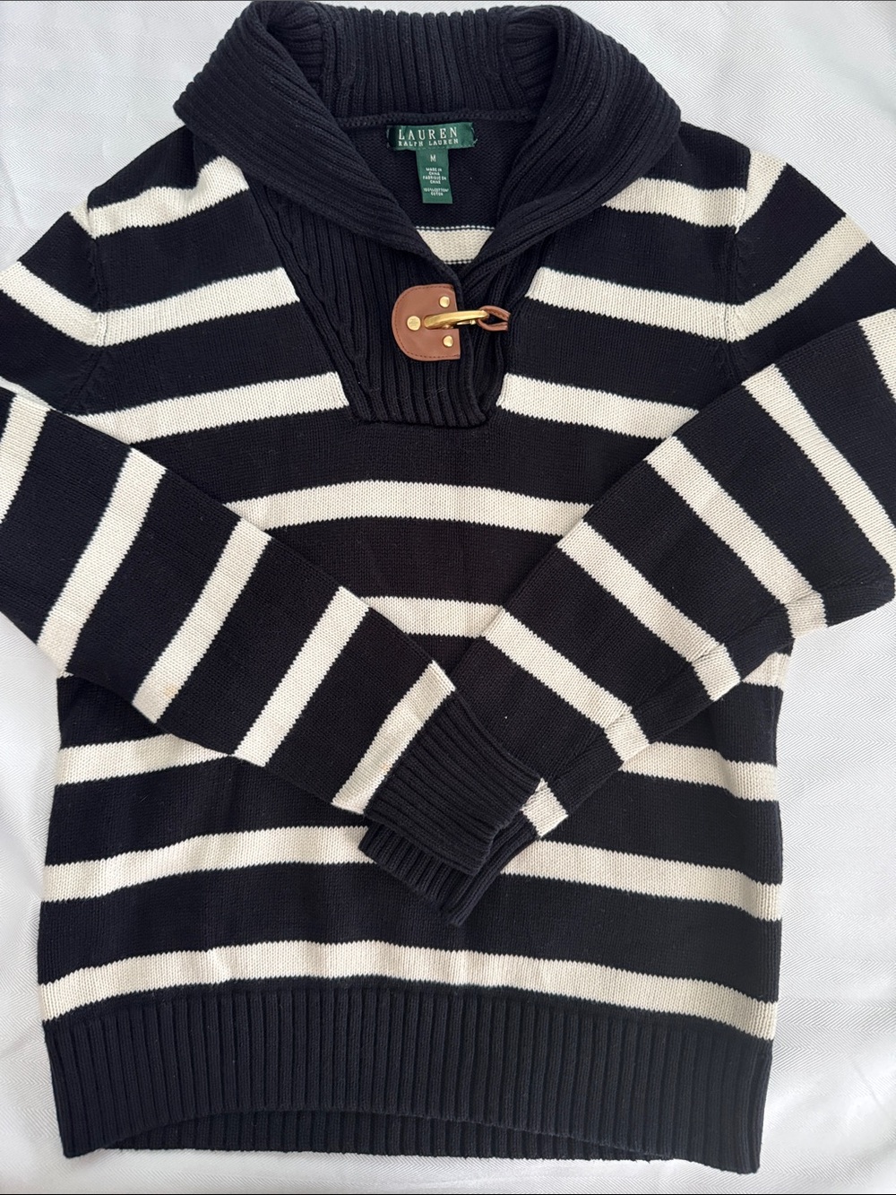 Lauren Ralph Lauren Black and Cream Striped Shawl-Collar Toggle Sweater